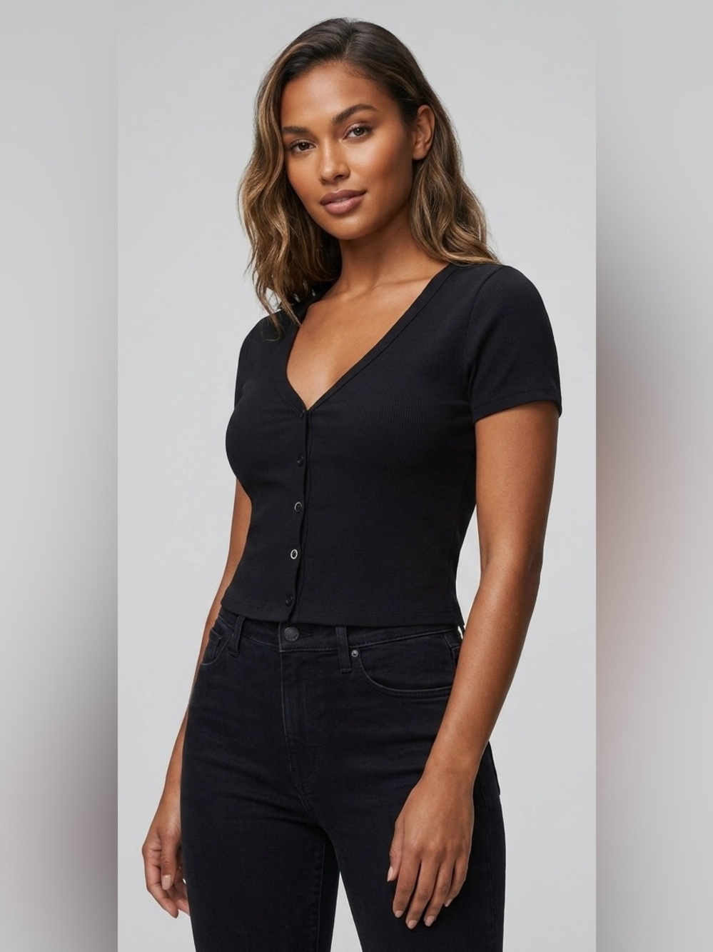 Good American Black Ribbed V-Neck Short Sleeve Henley Top Cardigan